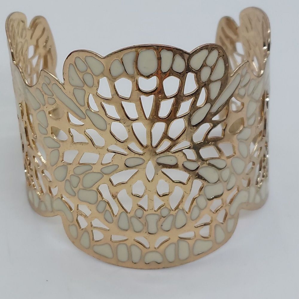 Wide Gold Tone And Cream Enamel Cuff‎ Open Work Bracelet